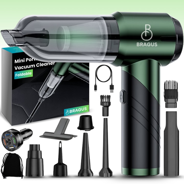 Aspirator Auto 4 in 1 Portabil, BRAGUS, Pliabil, 16000Pa, 100W, Baterie 6000mAh, Autonomie 30min, Aspirare, Suflare, Vidare, Umflare, 9 Accesorii, 3 Viteze, 3 Filtre HEPA Reutilizabile Incluse, Aspirator Multi-Suprafete, Masina, Casa, Verde