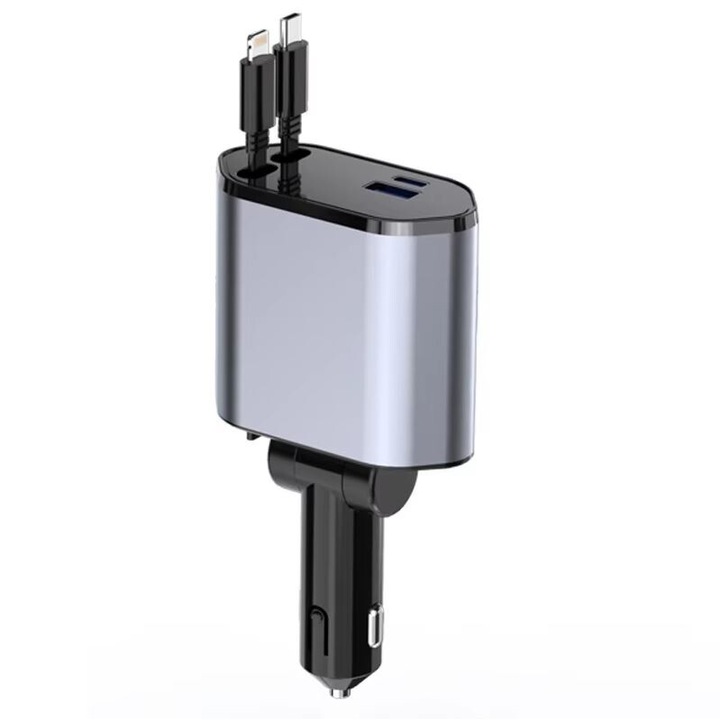 Зарядно за кола с прибиращи се кабели, 4 в 1, Type-C и Lightning, Type-C и USB портове, 120 W, модел WGS-XII, сребристо