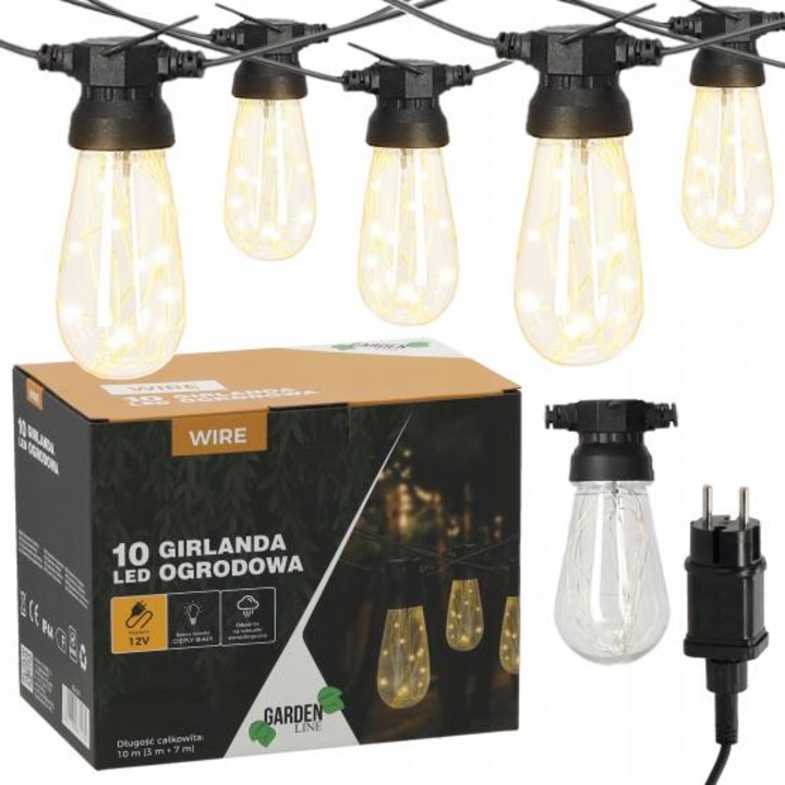 Ghirlanda de gradina 12v Lungime 3+7m, 10 Led Alb/Calde