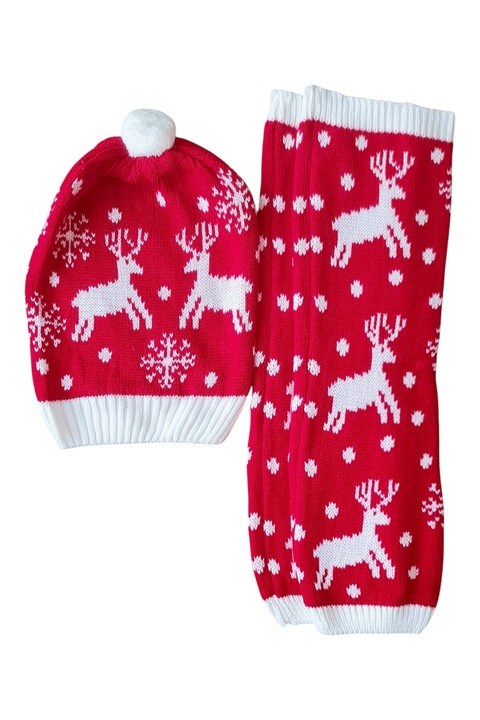 Set caciula si jambiere Craciun, StarFashion, model festiv, rosu. OneSize