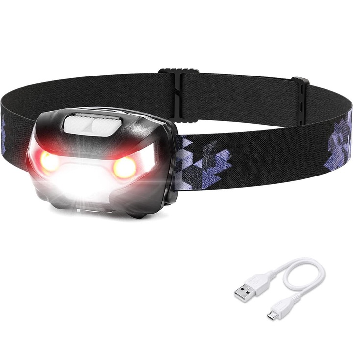 Lanterna puternica de cap LED, cu 9 LED-uri, 6 moduri, 2000 lumeni, 150 metri distanta, acumulator reincarcabil 1200 mAh, Lumina Alb/Rosie/Verde, Profesionala, Frontala, OUYLAF, Negru