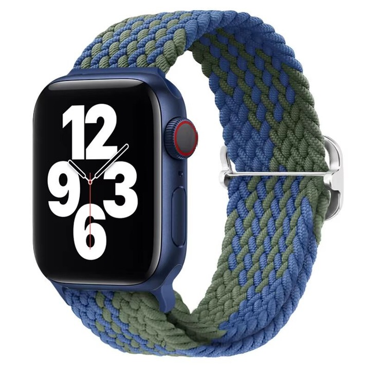 Curea Solo Loop, Elastica, Apple Watch, Ajustabila, Aspect tricotat, Textil, Albastru si Verde - 44/45/46/49 mm