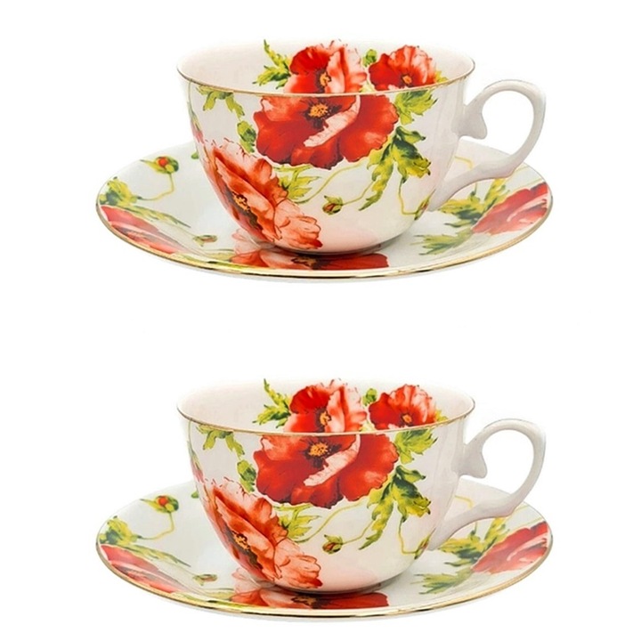 Set 2 cesti cu farfurii Poppy 180ml, Portelan fin, multicolor