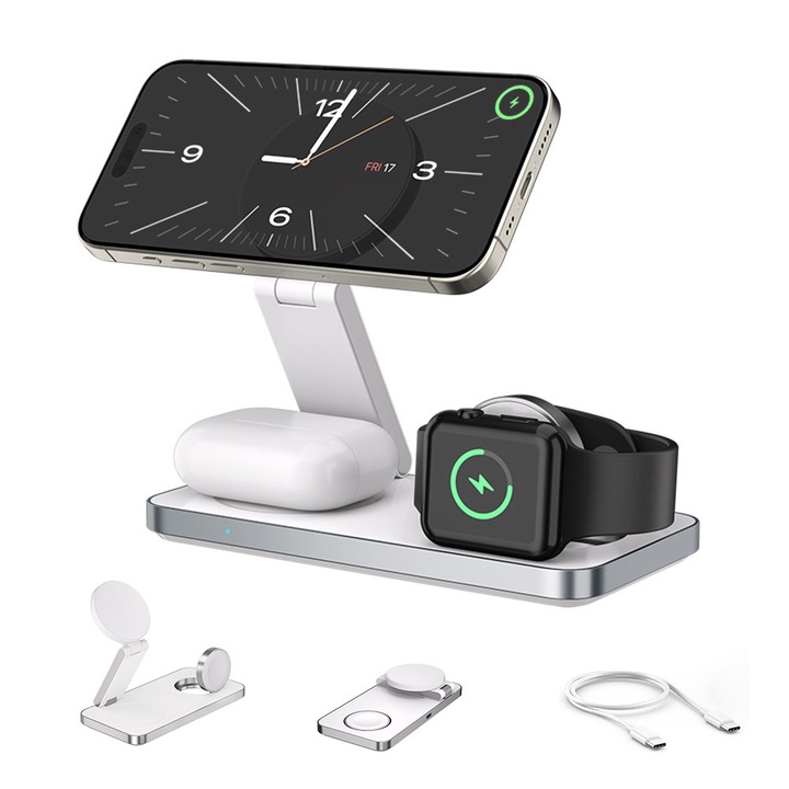 Incarcator wireless 3 in 1 QELIRA® pentru MagSafe, statie de incarcare rapida magnetica si pliabila pentru dispozitive Apple iPhone 16/15/14/Plus/Pro/Max/Seria Google Pixel, AirPods Pro/4/3/2 si Apple Watch, alb