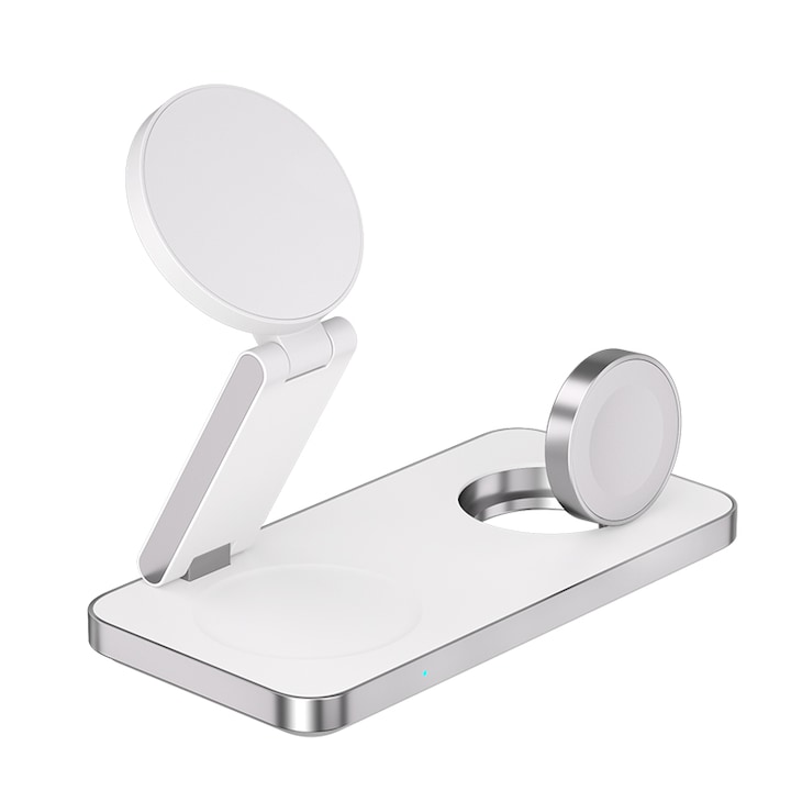 QELIRA 3 az 1-ben vezeték nélküli töltő MagSafe-hez, mágneses és összecsukható gyorstöltő állomás Apple eszközökhöz (iPhone 16/15/14/Plus/Pro/Max, AirPods Pro/4/3/2, Apple Watch) és Samsunghoz, anyaga műanyag , Fehér