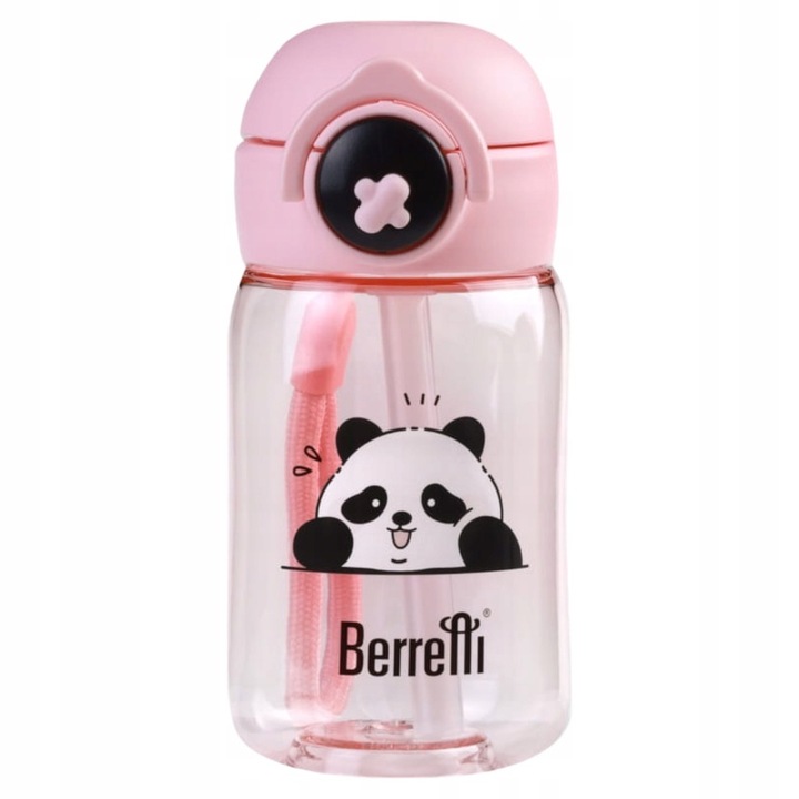 Sticla pentru apa Berretti, roz, 360 ml, cu pai, design panda