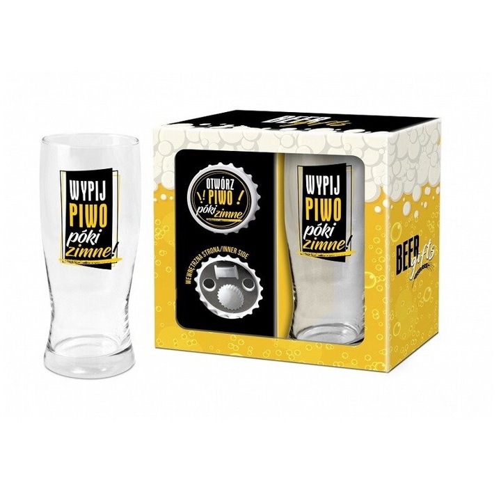 Комплект чаши за бира и отварачка с магнит, BGtech, 500 ml, жълто / черно
