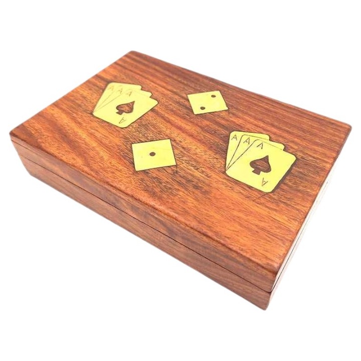 Társasjáték készlet, Giftdeco, 2 az 1-ben, kártyák és dobókocka, fém fedelű fadoboz