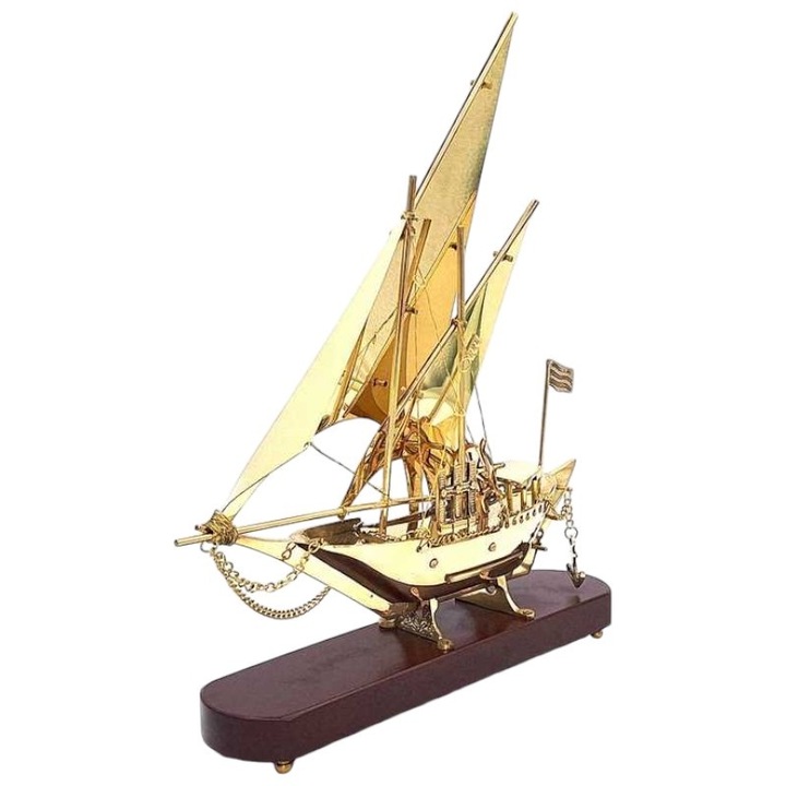 Bronz hajó fa állványon, Giftdeco, 43 cm, Arany