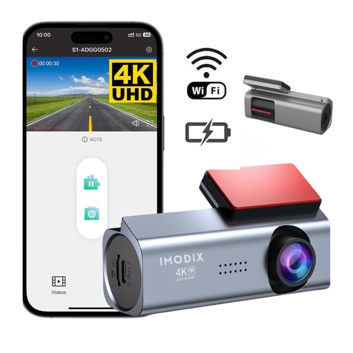 Camera Video De Bord Auto, IMODIX®, 4K UHD, Rezolutie 3840x2160, Wi-Fi, Vedere Nocturna, Unghi Marit de 170°, Senzor G, Detectarea Miscarii, Inregistrare In Bucla, Aplicatie Pe Telefon, K01, Gri