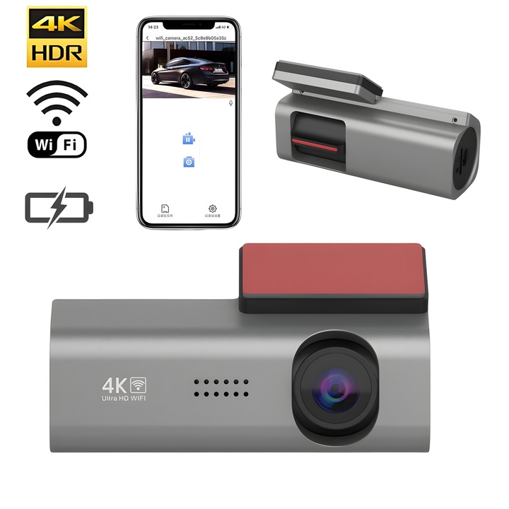 Автомобилна камера, IMODIX®, 4K UHD, Резолюция 3840x2160, Wi-Fi, Нощно виждане, 170° широк ъгъл, G сензор, Откриване на движение, Циклично записване, Приложение за телефон, K01, Сив