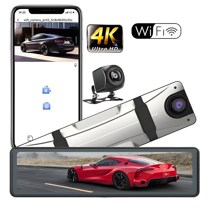 Вградена видеокамера с огледало за обратно виждане, IMODIX®, 4K UHD предна и камера за заден ход 1080p, 12-инчов LCD дисплей, Wi-Fi, нощно виждане, 170° широк ъгъл, G сензор, цикличен запис, приложение за телефон, X12, сребрист