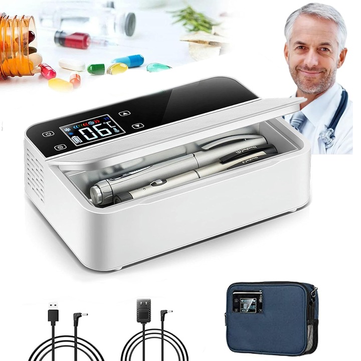 Mini frigider medical pentru insulina, medicamente, capacitate de racire 0-18°C, ecran LCD, dimensiuni 215 x140 x60 mm, frigider portabil cu insulina, Ideal pentru masina, calatorie, avion, alb
