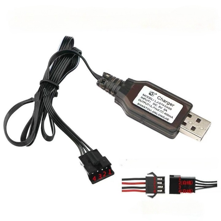 Универсален USB кабел за зареждане с конектор SM-4P, съвместим с 2S 7.4V LiPo батерии, идеален за RC автомобили, RC лодки, самолети, дронове, модели и други играчки с дистанционно управление