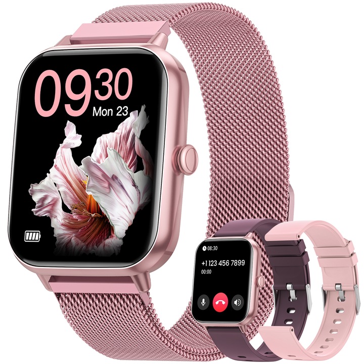 FOSMET női okosóra, 1,85" HD képernyős sportóra, Bluetooth 5.3 hívás, glükóz monitorozás / női egészség / vérnyomás / pulzus / SpO2 / hőmérséklet / alvásfigyelő / 100+ sportmód / kalória / AI Voice Assistant / IP68, 3 szíj, Rózsaszín