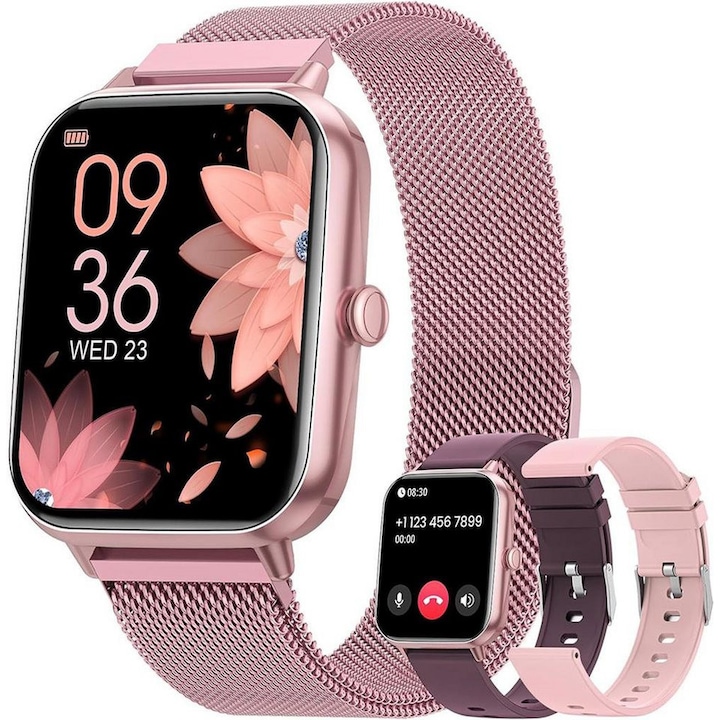 Ceas Smartwatch Dama FOSMET®, Ecran AMOLED 1.83", Apeluri Bluetooth 5.3, Monitorizare Glicemie Non-invaziva/Sanatatea Femeilor/Tens Arteriala/Frecventa Cardiaca/SpO2/Temperatura Corpului/100+ Mode de Antrenament/Asistent Vocal AI/IP68, 3 Curele, Roz
