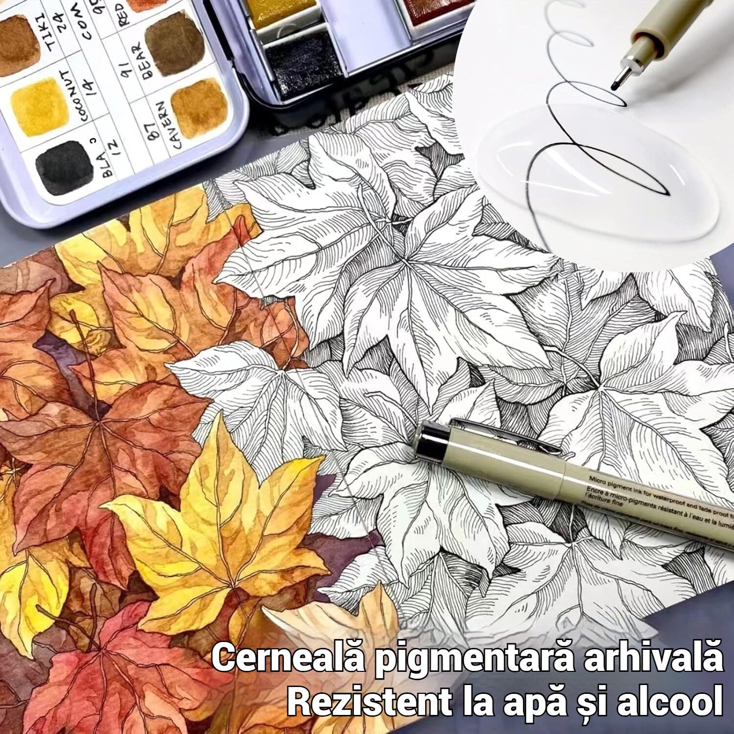 三原順　All Color Works Set de 12 pixuri ZXJDN, varfuri multiple, cerneala neagra, pentru