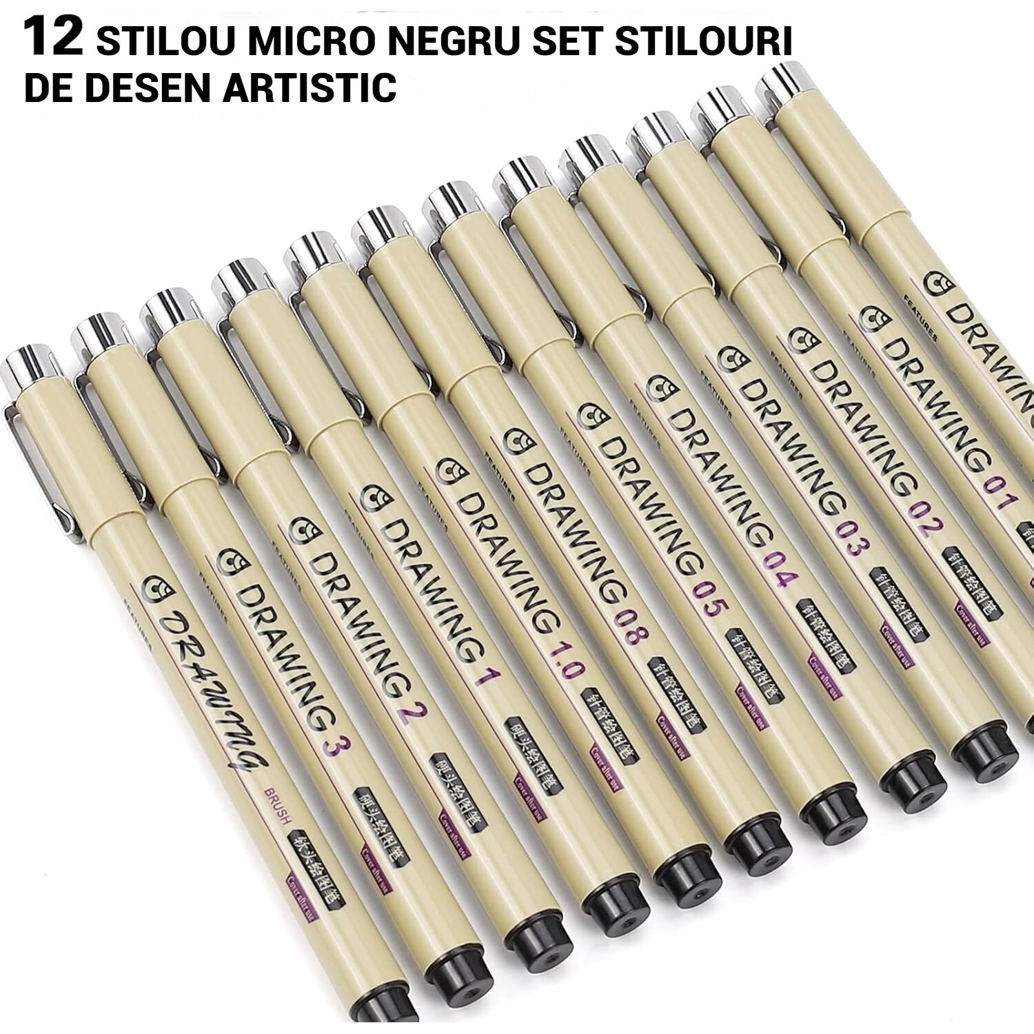 Set de 12 pixuri ZXJDN, varfuri multiple, cerneala neagra, pentru