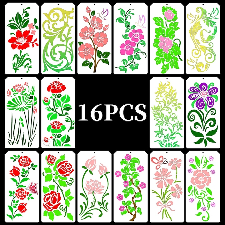 Sabloane decorative pentru pictura cu flori si frunze, BOMSTOM, 16 bucati, plastic, reutilizabile, pentru arta DIY, scrapbooking, decoratiuni de perete, 22 x 10,5 cm, alb