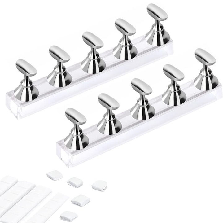 Set 2 Suport Expunere Unghii False Cu Magnet, Axroad Mall, Suport pentru unghii, 10 piese suport, 2 baza, Cu 42 argila reutilizabila, Potrivit pentru incepatori sa practice nail art, Plastic, 10.5 x 2.5 x 1.4cm, Argintiu