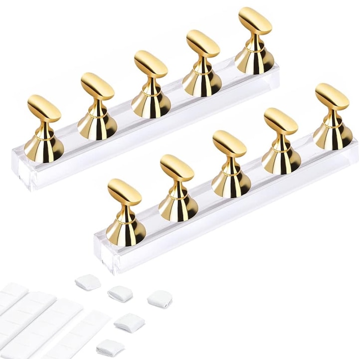 Set 2 Suport Expunere Unghii False Cu Magnet, Axroad Mall, Suport pentru unghii, 10 piese suport, 2 baza, Cu 42 argila reutilizabila, Potrivit pentru incepatori sa practice nail art, Plastic, 10.5 x 2.5 x 1.4cm, Auriu