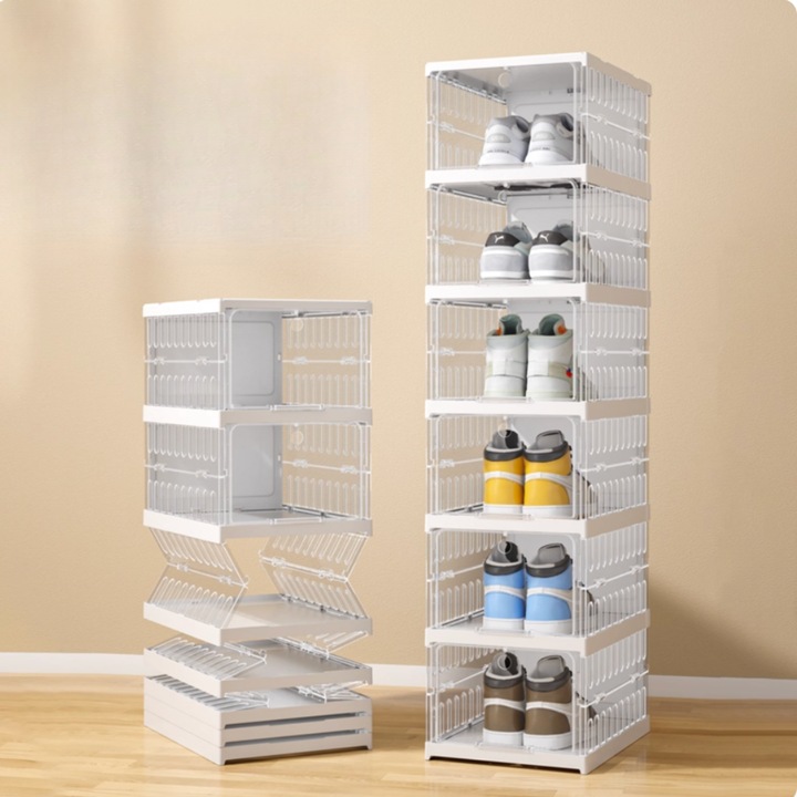 Set 6 cutii organizatoare pentru pantofi din plastic transparent, pliabile si stivuibile, pentru depozitare eficienta a incaltamintei, montare rapida, ideale pentru dressing si hol