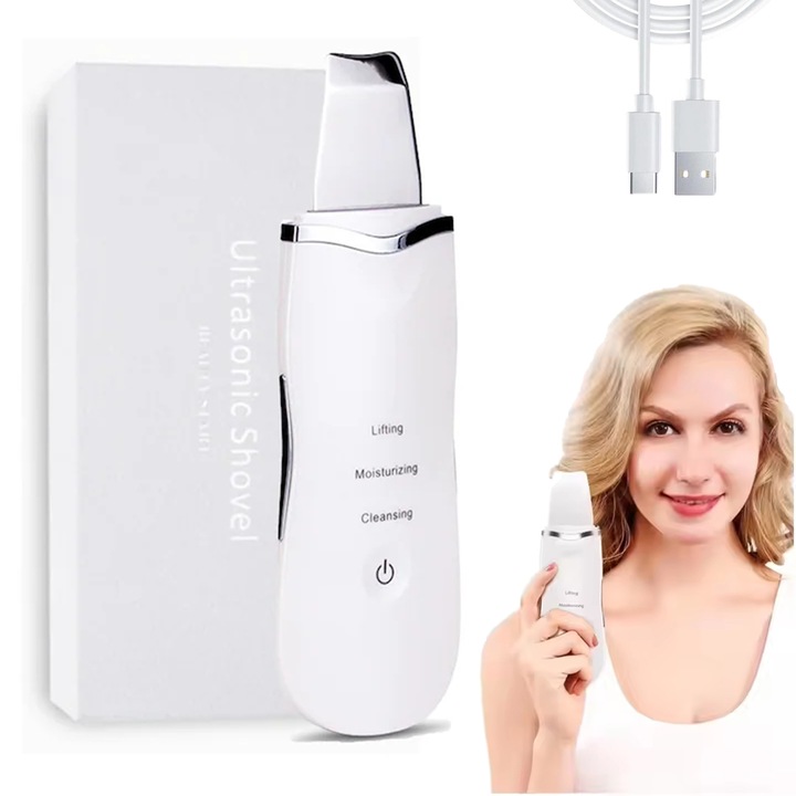 Aparat de curatare faciala cu ultrasunete, Yulinland®, Lifting ten, skin scrubber, indepartare puncte negre, hidratare, peeling, 3 moduri, Incarcare prin USB, Usor de utilizat si de transportat, 17.3 x 5.5 x 1.5cm, ABS, Alb