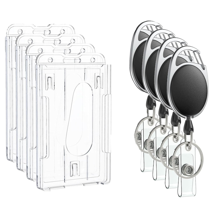 Set 4 Ecuson de Identitate, Hggzeg, Rola (snur) retractabila cu clips pentru legitimatie, Acces rapid, Poate fi purtat cu tine, Vertical, Pentru acte de identitate, permise de conducere, PC, 6x10cm, Transparent/Negru