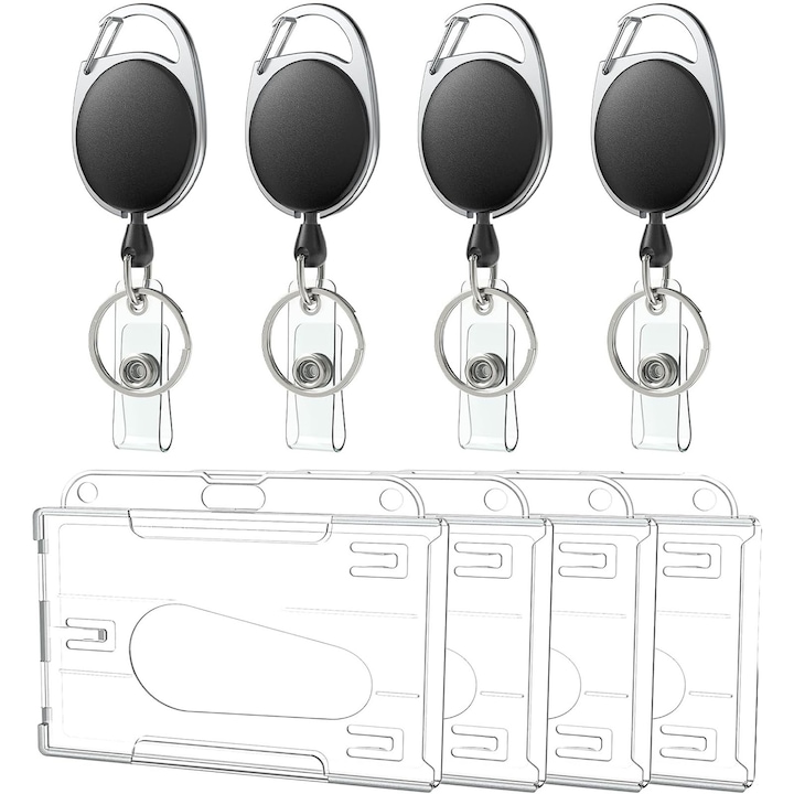 Set 4 Ecuson de Identitate, Hggzeg, Rola (snur) retractabila cu clips pentru legitimatie, Acces rapid, Poate fi purtat cu tine, Orizontal, Pentru acte de identitate, permise de conducere, PC, 8.9x6.3cm, Negru