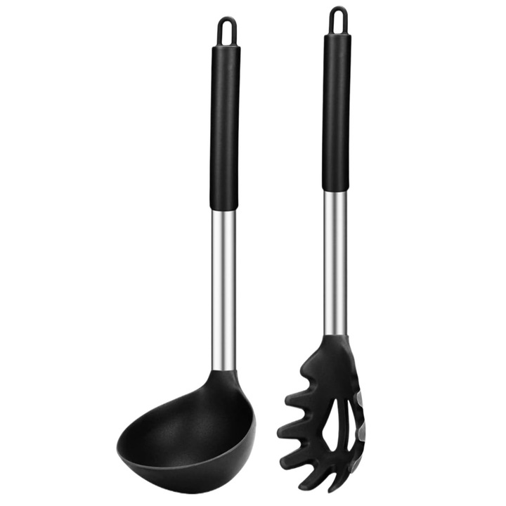 Комплект от 2 силиконови лъжици, SINBINTA, Незалепваща, Устойчива на висока температура, С висяща поставка, Лесна за почистване, За готвене, смесване, сервиране на спагети, супа, сос, Неръждаема стомана, 30.6x8.5cm, 33.3x5.7cm, Черна