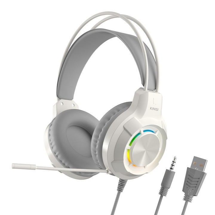 Gamer fejhallgató, KINSI, RGB fénnyel, 40 mm-es hangszóró, Zajszűrő mikrofon, Hangerőszabályzó, Bőr fülvédő, Multiplatform, Fehér
