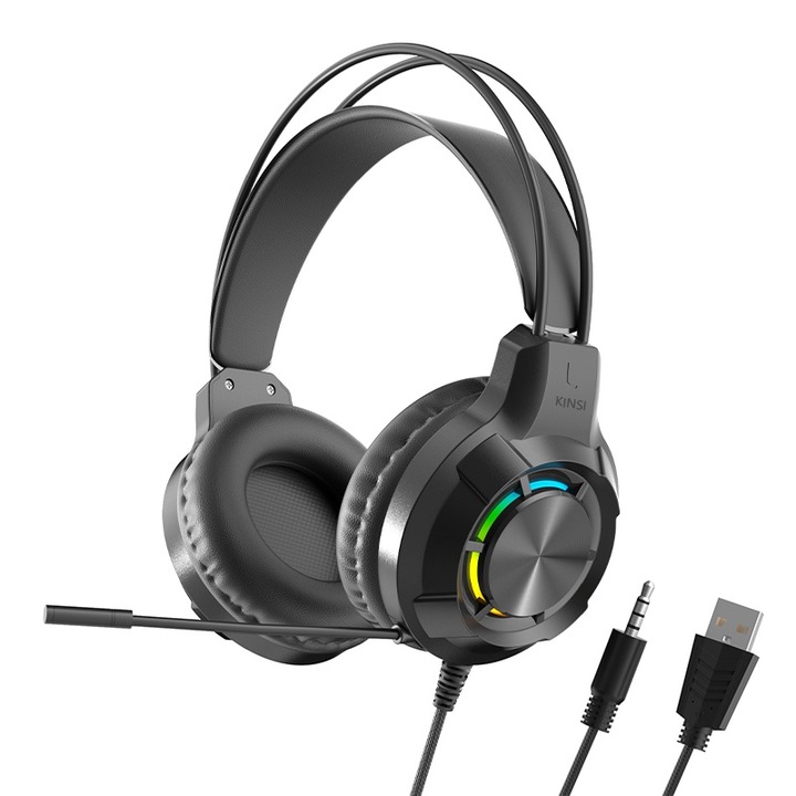 Gamer fejhallgató, KINSI, RGB fénnyel, 40 mm-es hangszóró, Zajszűrő mikrofon, Hangerőszabályzó, Bőr fülvédő, Multiplatform, Fekete