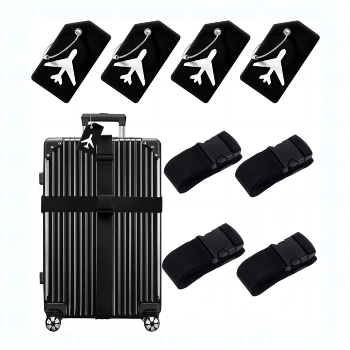 Комплект за пътуване Zcoolo от 8 части, ремъци за багаж и силиконови етикети, черен