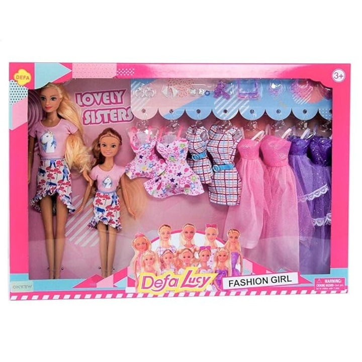 Set 2 Papusi Mama si Fiica cu rochite de schimb si accesorii, jucarie interactiva pentru fete, 3+