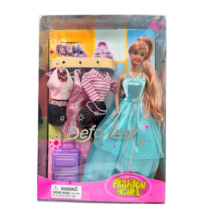 Papusa cu rochie albastra si accesorii de schimb, jucarie pentru fetite, 3+