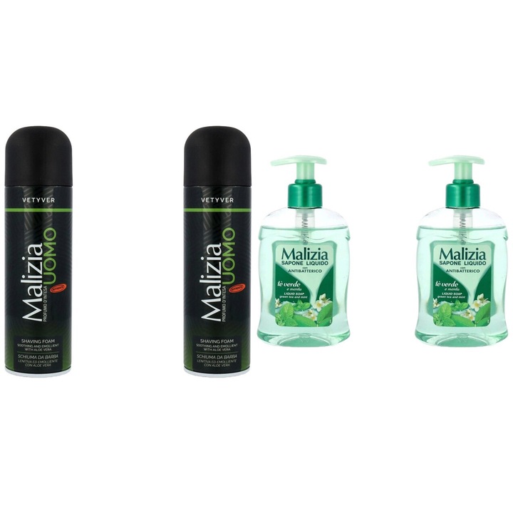 Комплект 4 x Malizia Variety, 2 x Пяна за бръснене 300 ml Vetyver, 2 x Течен сапун 300 ml Green Tea, Свеж през целия ден, Приятен парфюм, Предотвратява раздразненията, Интензивен свеж аромат, Анти-бели петна, ободряващ, дълготрайна свежест, 48 часа защита