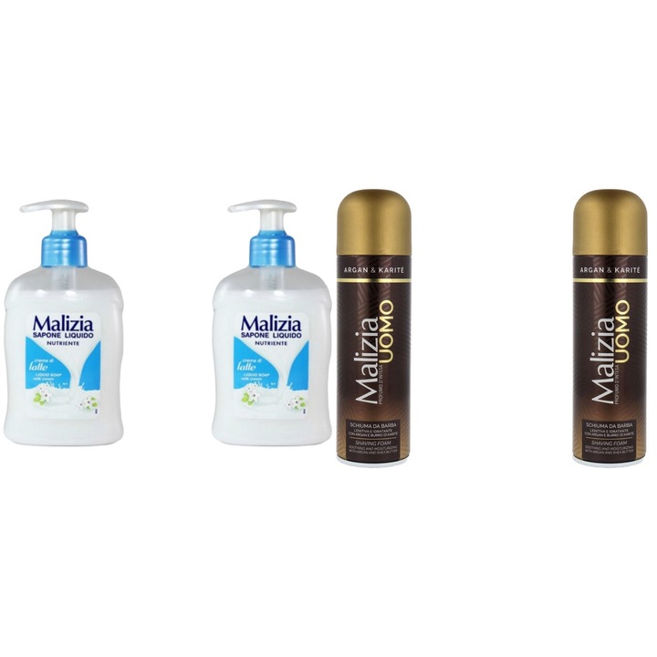 Комплект 4 x Malizia Variety, 2 x Течен сапун 300 ml Latte, 2 x Shaved Foam 300 ml Argan, Свеж през целия ден, Приятен парфюм, Предотвратява раздразнения, Интензивен свеж аромат, Анти-бели петна, ободряващ, дълготрайна свежест, 48 часа защита