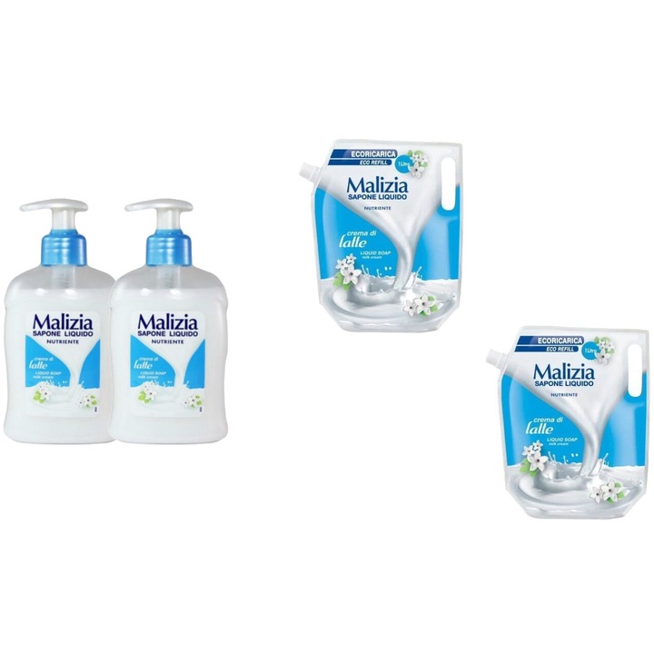 Комплект 4 x Malizia Variety, 2 x Течен сапун 300 ml Latte, 2 x Течен сапун Reserve 1l Milk, Свеж през целия ден, Приятен парфюм, Предотвратява раздразненията, Интензивен свеж аромат, Анти-бели петна, ободряващ, дълготрайна свежест, 48 часа защита