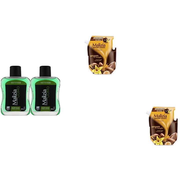 Комплект 4 x Malizia Variety, 2 x After Shave 100 ml Vetyver, 2 x Течен сапун Reserve 1l Argan, Свеж през целия ден, Приятен парфюм, Предотвратява раздразненията, Интензивен свеж аромат, Анти-бели петна, ободряващ, дълготрайна свежест, 48 часа защита