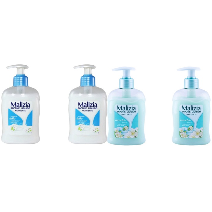 Комплект 4 x Malizia Variety, 2 x течен сапун 300 ml лате, 2 x течен сапун 300 ml Muschio Bianco, свеж през целия ден, приятен парфюм, предотвратява раздразненията, интензивен свеж аромат, против бели петна, ободряващ, дълготрайна свежест, 48 часа защита
