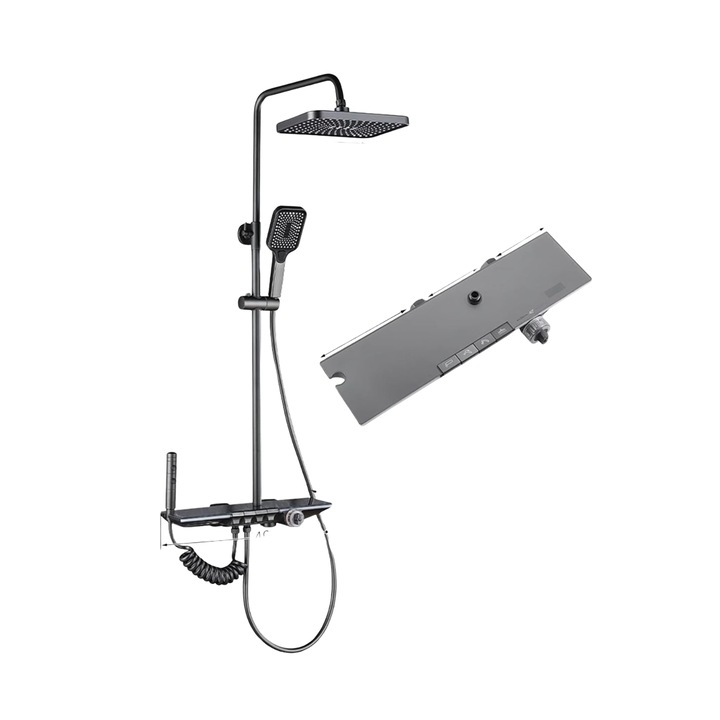 Set de Dus TrendiShop®, Termostatat, Montare pe Perete, Cu Cap de Dus Reglabil 80-115 cm, Afisaj LED cu Temperatura, Iluminare Ambianta Colorata, Buton pentru Moduri Multiple, pentru Apa Calda si Rece, Gri