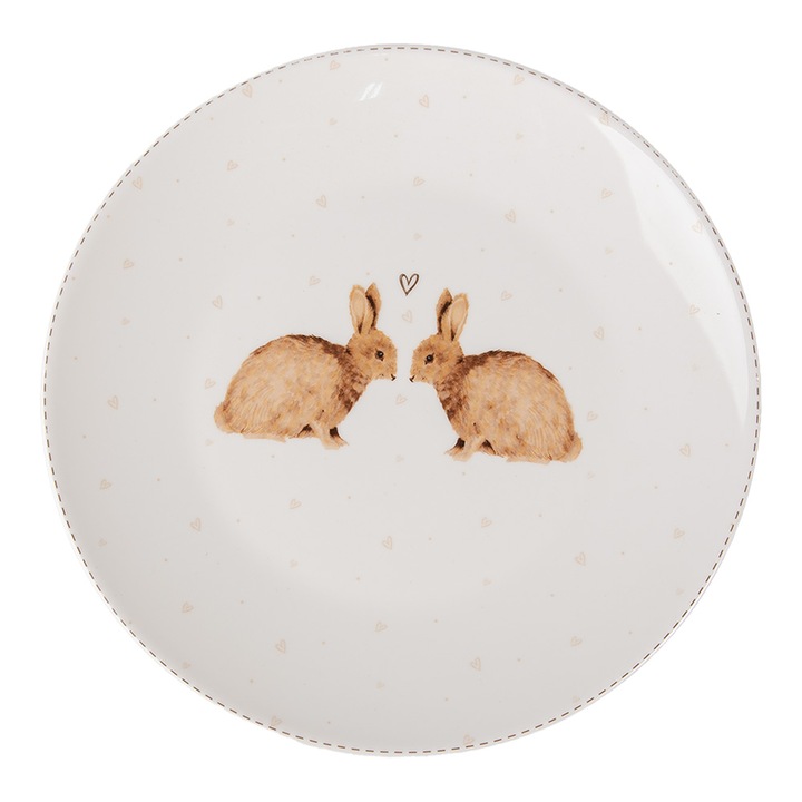 Tányér készlet, 4 db, 20x2 cm, porcelán, nyuszis, fehér/barna