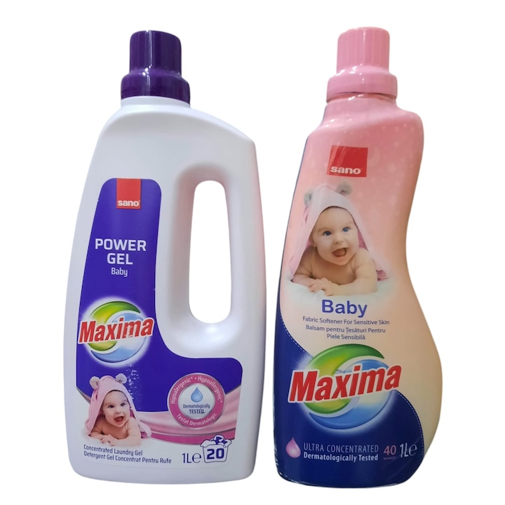 Комплект концентриран гел препарат за пране Sano Maxima Baby, 20 пранета, 1 л, Ultra концентриран балсам за пране Sano baby, 40 пранета, 1 л