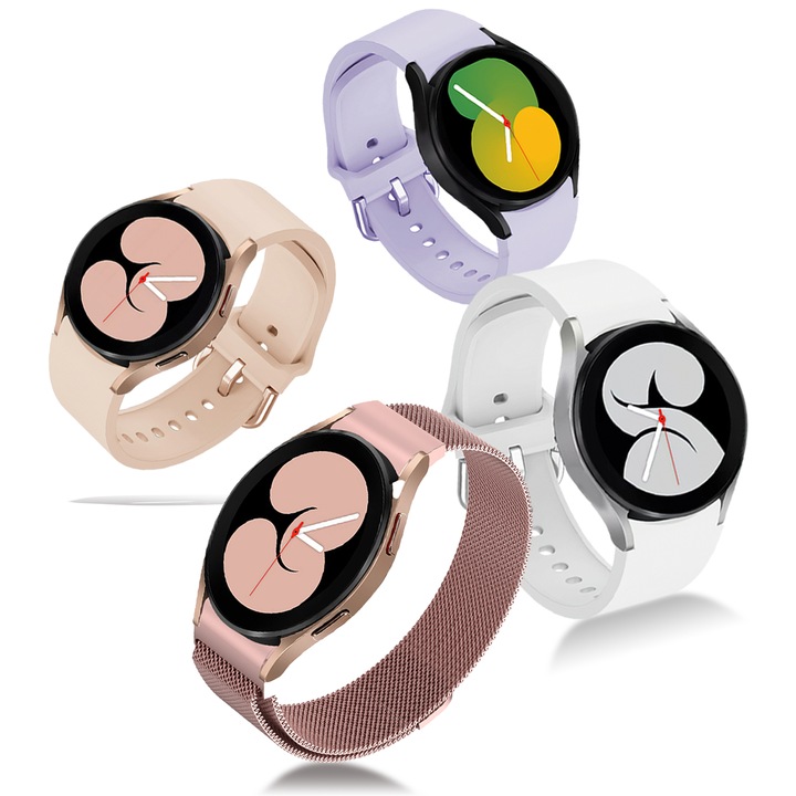 Set 4 Curea Ceas Pentru Smartwatch, Tressino, 3 Sport Curea ceas silicon moale 20mm + Curea ceas din metal milanez 20mm, Compatibil cu Samsung Galaxy Watch 4/5/6/7 smartwatch-uri, Display 40/42/43/44/45/46/47mm, Roz/Violet/Alb/Auriu
