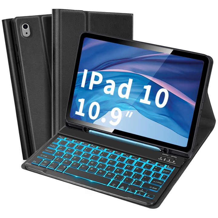 Калъф с клавиатура с подсветка за iPad 10-то поколение 10,9 инча, Lurelia, 7-цветна клавиатура с 3 нива на яркост, Подвижна Bluetooth клавиатура, Сгъваема стойка с капак и държач за писалка, PU, черен