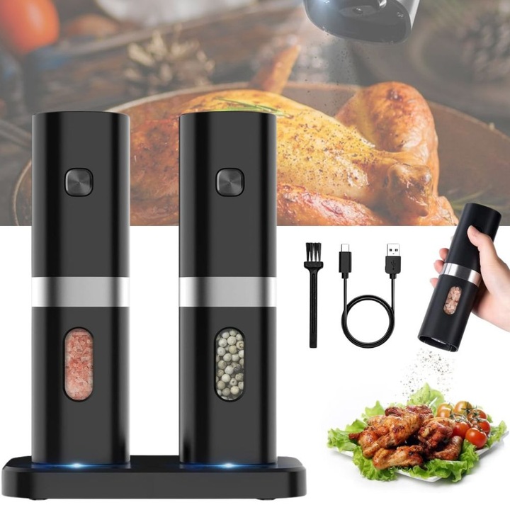 Set 2 Rasnite electrice pentru sare si piper, Tressino, Capacitate 95ml, Cu cablu USB si perie curatare, Reglare grosime macinare, Stand incarcare USB, Perie curatare, Lumina LED, Negru