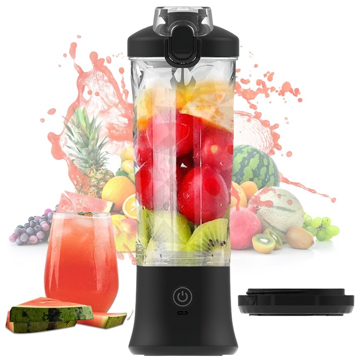 Mini Blender Electric, Tressino, capacitate 600ml, 4000mAh reincarcabila prin USB-C, portabil, silentios, fara BPA, multifunctional, autonomie mare, negru