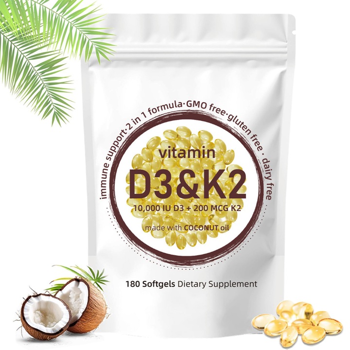 Supliment alimentar Vitamina D3 10000 IU Lipozomala + Vitamina K2（MK-7)200 mcg, Ulei de Nuca de Cocos Softgels，Sustine Absorbtia Calciului, Sanatatea Oaselor, a sistemului imunitar si a inimii - Usor de Inghitit, 180 capsule