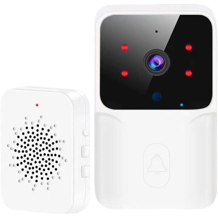 Sonerie Video Wireless, PsAyl®, Transmitator video cu vedere nocturna, Control la distanta prin aplicatie dedicata TuyaSmart, 19 Sunete Diferite Disponibile, 4 Trepte de Volum, Raza de actiune pana la 150m, Microfon Bidirectional, Alb