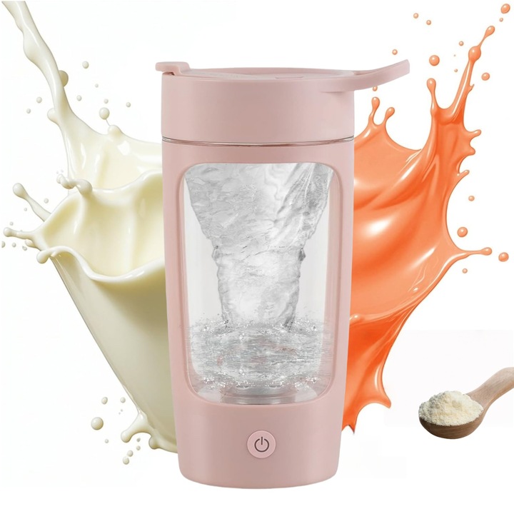 Преносим електрически шейкър, чаша за блендер за протеини, шейкове и заместители на хранене, 650 мл, без BPA, батерия 1200 mAh, 7000 оборота в минута, мощен мотор, херметически затворен, против протичане, устойчив на температура и удар, розов